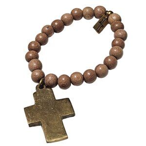 Religious Gold Tone Cross Beaded Rosery Stretch Prayer Wooden Beads Jewelry